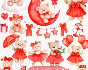 Red Teddy Bear Clipart Nursery Baby Shower Graphics Watercolor Red Bear Invitation BIRTHDAY Decor Cute Teddy Bear Png design