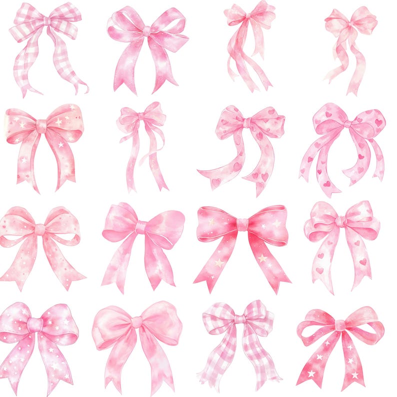 Pu&ograve; includere: Una collezione di sedici fiocchi ad acquerello in varie tonalit&agrave; di rosa. Alcuni fiocchi presentano motivi a quadretti, mentre altri hanno accenti a stella o a cuore. I fiocchi variano per dimensioni e stile.