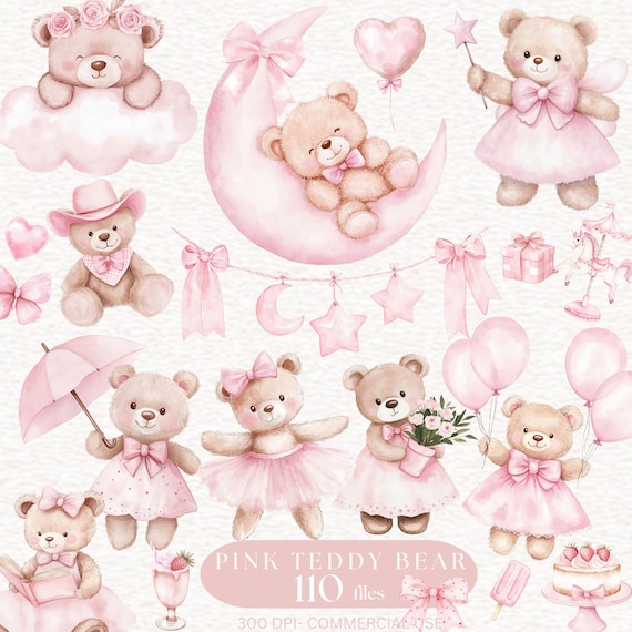 Pink Teddy Bear Watercolor Clipart Nursery Baby Shower Girl Graphics Blush Pink Bear Invitation BIRTHDAY Decor Cute Teddy Bear png design