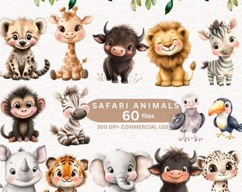 60 Safari Clipart, süße Tiere Clipart, Aquarell Wald Tiere Clipart, Dschungel Tiere Clipart, Baby-Dusche Clipart Blumen Clipart