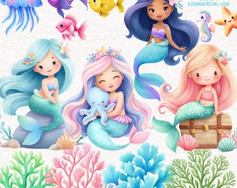 May include: Watercolor illustration featuring mermaids, fish, and sea creatures. The image includes mermaids with blue, pink, and blonde hair, and colorful fish. The text "80 files" and "300 DPI COMMERCIAL USE" is also present.