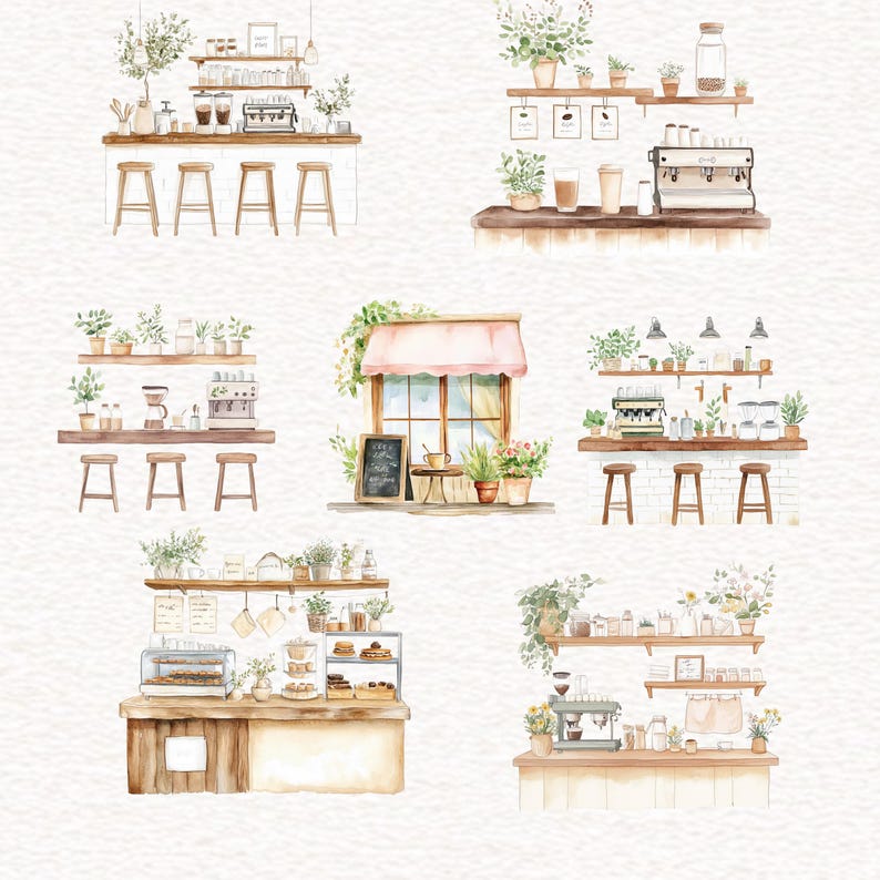Coffee Cafe Clipart Boho Lover Clipart Watercolor Cozy Coffee Shop Clip ...