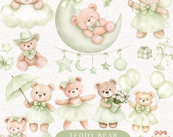 Green Teddy Bear Watercolor Clipart Nursery Baby Shower Girl Graphics Bear Invitation BIRTHDAY Decor Cute Teddy Bear png design
