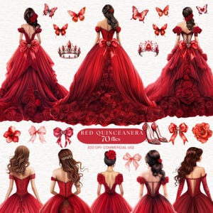 Puede incluir: Ilustraciones digitales de vestidos rojos de quinceañera, mariposas, lazos y una corona. Los vestidos presentan detalles intrincados, incluyendo adornos de rosas y faldas fluidas. El texto "RED QUINCEANERA 70 files" es visible.
