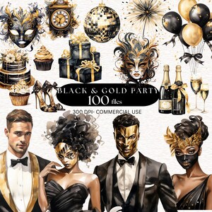 100 zwart-gouden aquarel verjaardagsfeestje clipart maskerade clipart partij maskers en ballonnen zwart goud masker PNG gouden verjaardag nieuwjaar