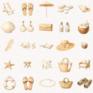 Pu&ograve; includere: Illustrazione ad acquerello di oggetti a tema spiaggia, tra cui una sedia a sdraio, sandali, un ombrellone, conchiglie, orecchini, una pochette, bottiglie, una noce di cocco, una piuma, un libro, un cappello, una stella marina, uno sgabello, un asciugamano, una borsa tote, una sedia, un salvagente, una collana, un piccolo cestino e un binocolo.