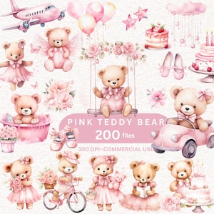 200 aquarel roze teddybeer clipart, kwekerij clipart, baby shower jongen & meisje clipart, decor van de kwekerij, schattige teddybeer, dierlijke clipart