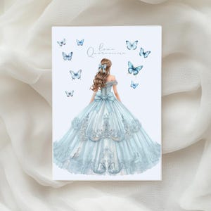 May include: A light blue quincea&ntilde;era card featuring a watercolor illustration of a woman in a ball gown. The dress has intricate lace details and a large bow. Butterflies and the words "Love, Quincea&ntilde;era" are also featured.