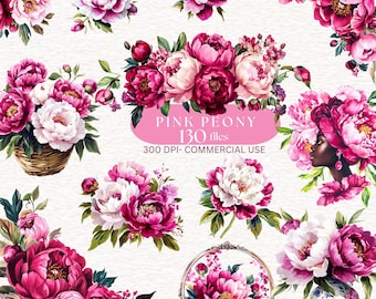 May include: A collection of pink peony floral arrangements and individual blooms. The flowers range in shades of pink and white, with green foliage. The image includes text that reads "Pink Peony 130 files 300 DPI - Commercial Use."