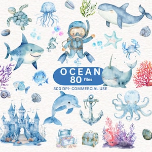 80 Aquarell Unterwassertiere Clipart, süße Ozean Tiere Clipart, Unterwasser Clipart, PNG Sea Kindergarten, Unterwasser Geburtstagsparty Clipart