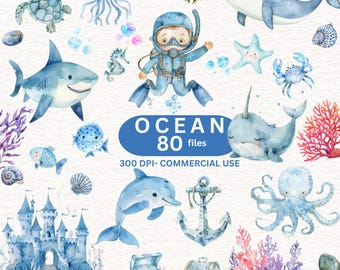 80 Watercolor Undersea Animals Clipart, Cute Ocean Animals Clipart, Underwater Clipart , PNG Sea Nursery, Underwater Birthday Party Clipart