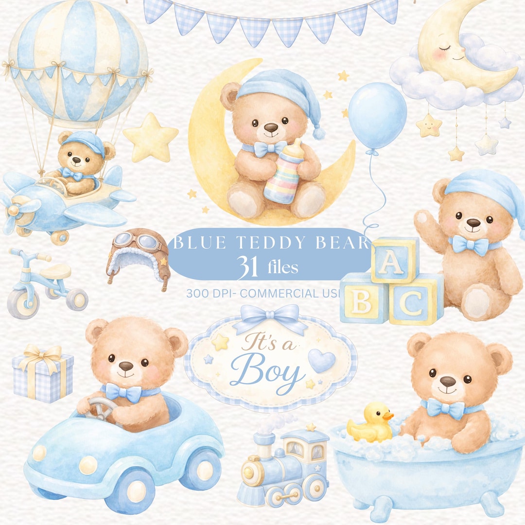 Blue Teddy Bear Clipart Baby Shower Nursery Graphics Watercolor Blue ...