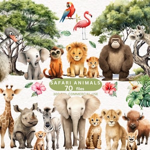 70 Safari Animal Clipart, Watercolor Cute Animals Clipart, Forest Animal Clipart, Jungle Animals Clipart, Baby Shower Clipart, Baby Animal