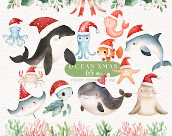 Watercolor Ocean Animals Christmas Party clipart Undersea Animals Clipart Cute Ocean Animals Xmas Underwater PNG Sea dolphin whale turtle