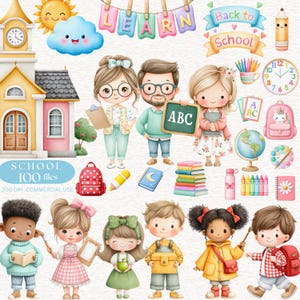 Op de afbeelding: Waterverfillustratie met elementen met een schoolthema. Bevat een schoolgebouw, een lachende zon en wolk, leraren, leerlingen, boeken, potloden en een wereldbol. De afbeelding heeft de tekst "Back to School" en "Learn".