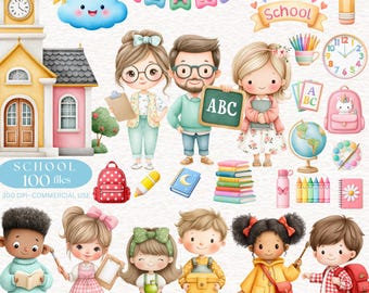Clipart de regreso a la escuela Acuarela Niños Estudiante PNG Imagen de bebé Gráfico educativo Decoración del aula Ilustración del maestro Papelería escolar