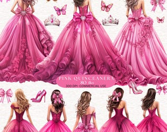Hot Pink Quinceanera clipart fuchsia Pink Ball room princess clipart pink butterfly clipart  bow clip art Quinceanera cute girl Clipart PNG