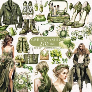 May include: An assortment of green fashion items, including a leather jacket, boots, heels, sunglasses, and a makeup case. The image also features a dress, fur coat, and the text "GREEN FASHION 270 files 300 DPI- COMMERCIAL USE."