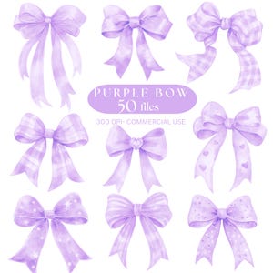 May include: A collection of nine watercolor-style purple bows with various designs, including gingham, polka dots, and heart patterns. The text "PURPLE BOW 50 FILES" is displayed in a lavender oval.