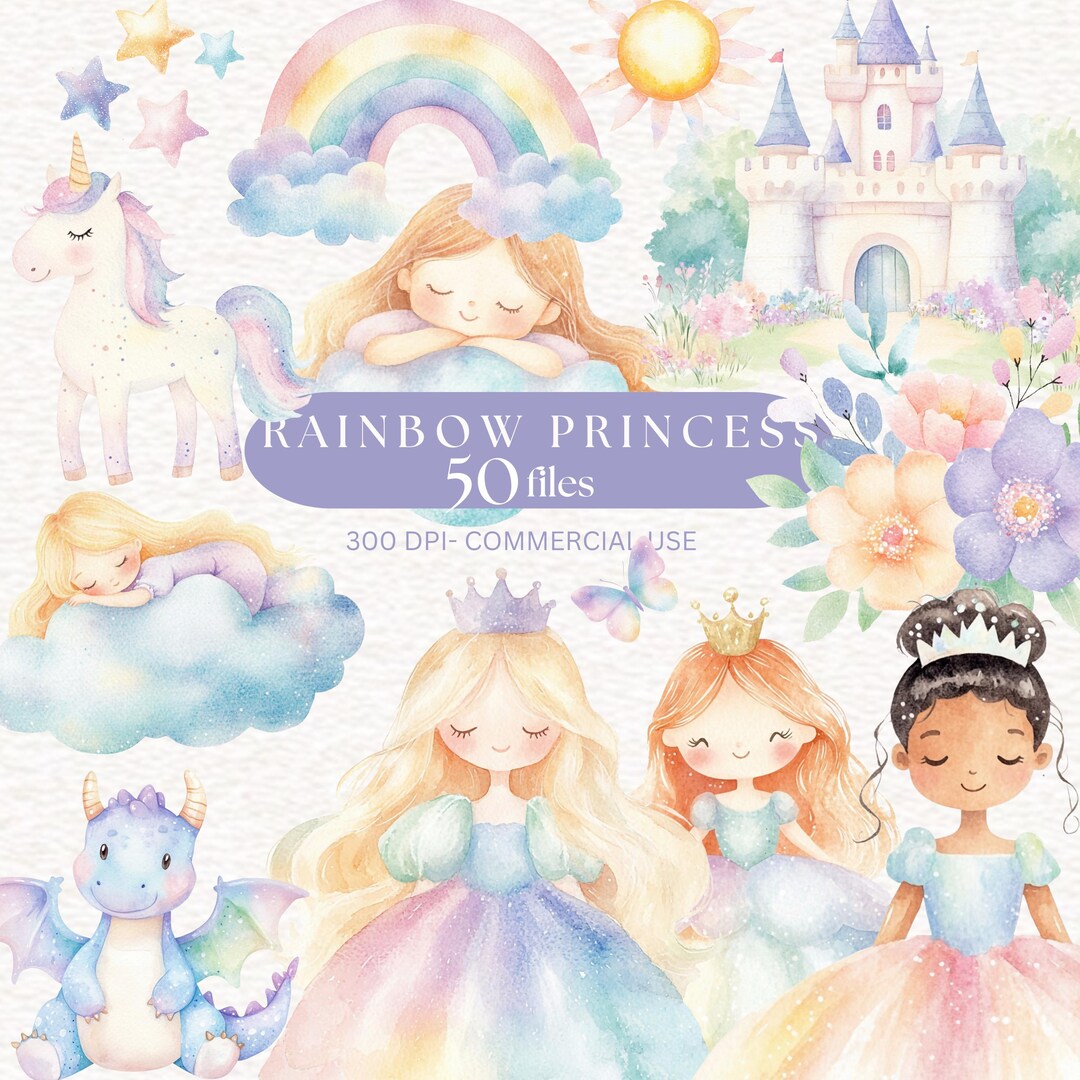 Rainbow Princess Clipart Watercolor Colorful Castle Unicorn Starry Sky ...