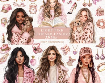 Clipart di leopardo rosa, grafica PNG di moda femminile, acquerello, fashionista, ragazza chic, planner, stampa di ghepardo rosa chiaro, PNG, belle donne