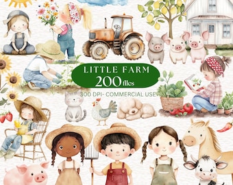 Little Farm Animals Clipart Watercolor Cute Kid Farm Life Clip art Animal Clipart  Horse Pig Cow Chicken Baby Animal Clipart  Barnyard Png