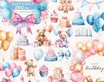 BALLOONS Birthday watercolor clipart  Birthday Party Clipart Happy Birthday PNG Graphics Birthday Clipart Children's Party Decorations