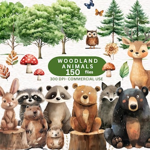 150 Woodland Animal Clipart, Watercolor Forest Animal Clipart, Jungle Animal Clipart, Baby Shower Clipart, Animal Birthday Clipart, Tree PNG
