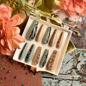 Two-Toned Coffin Ballerina Seasonal Fall Snake Skin Print Press On Nail Set