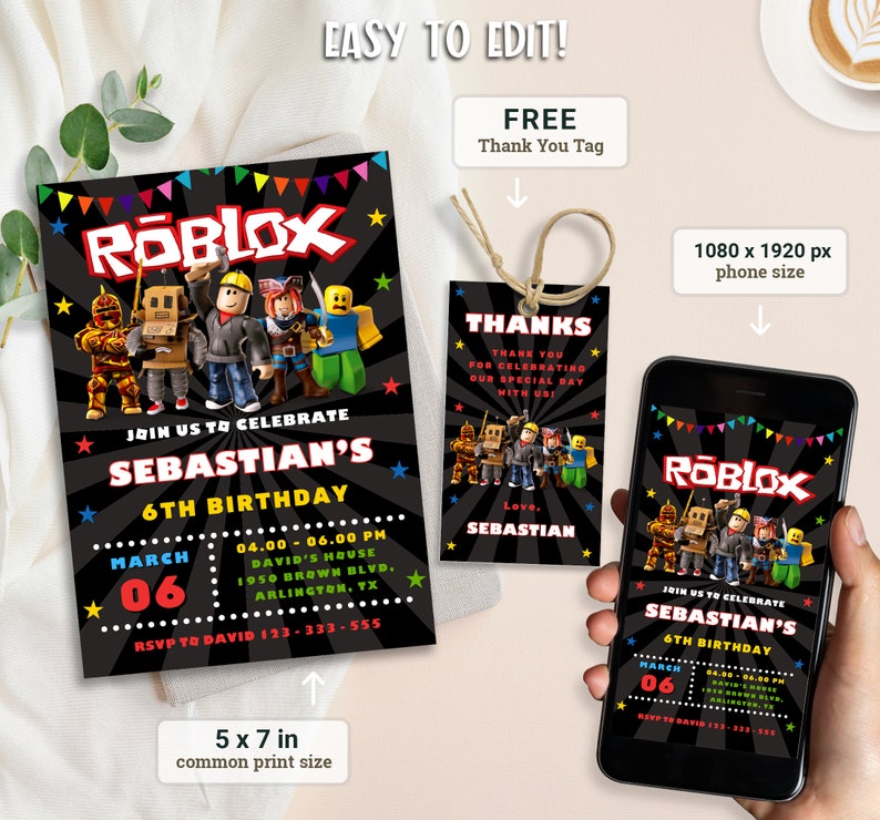 Roblox uitnodiging, Roblox uitnodigen, Game Party, Roblox Boy verjaardagsuitnodiging sjabloon, spel verjaardag, Kids Roblox, bewerkbare sjabloon, Canva afbeelding 2