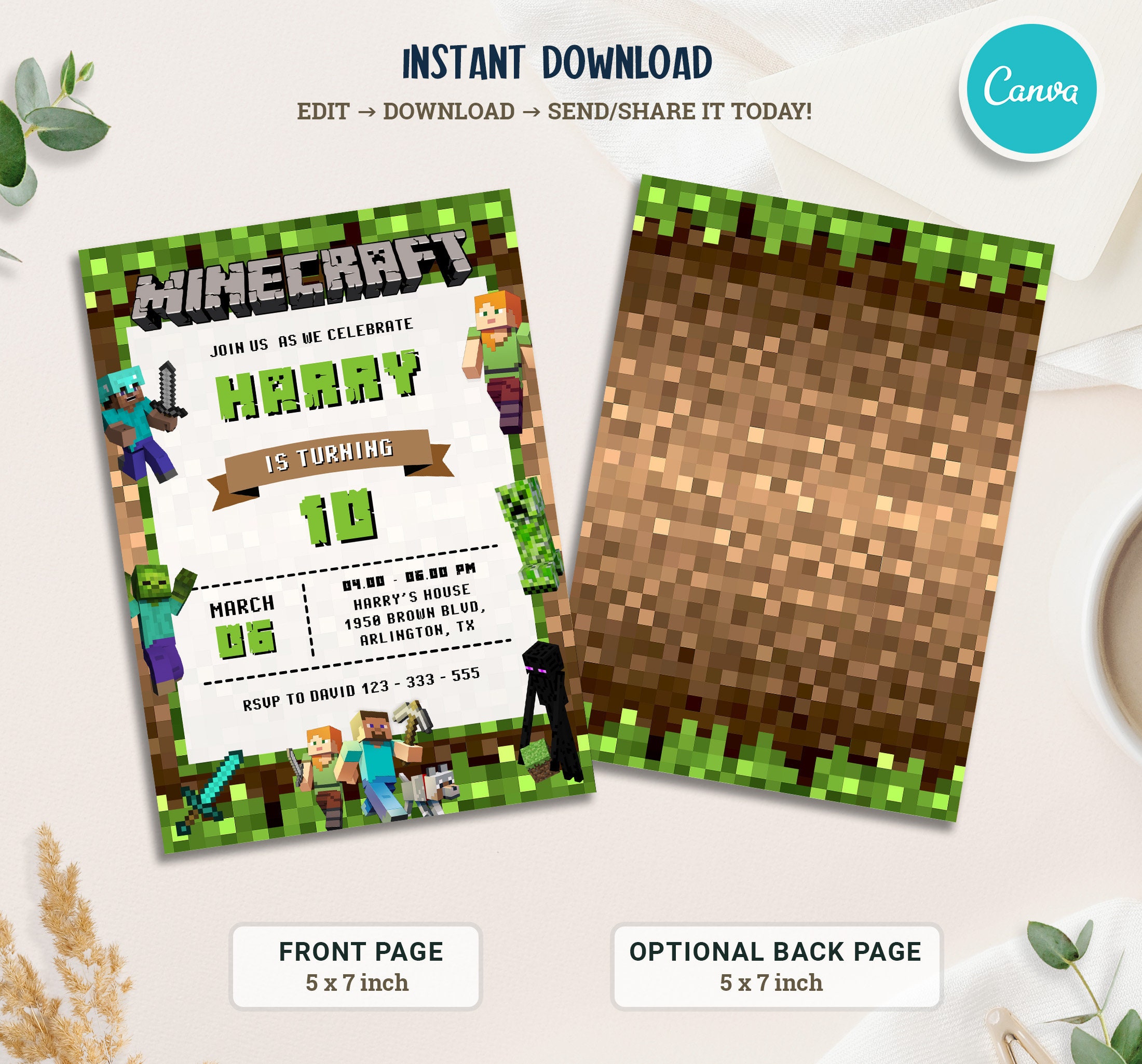 Minecraft Birthday Canva Template