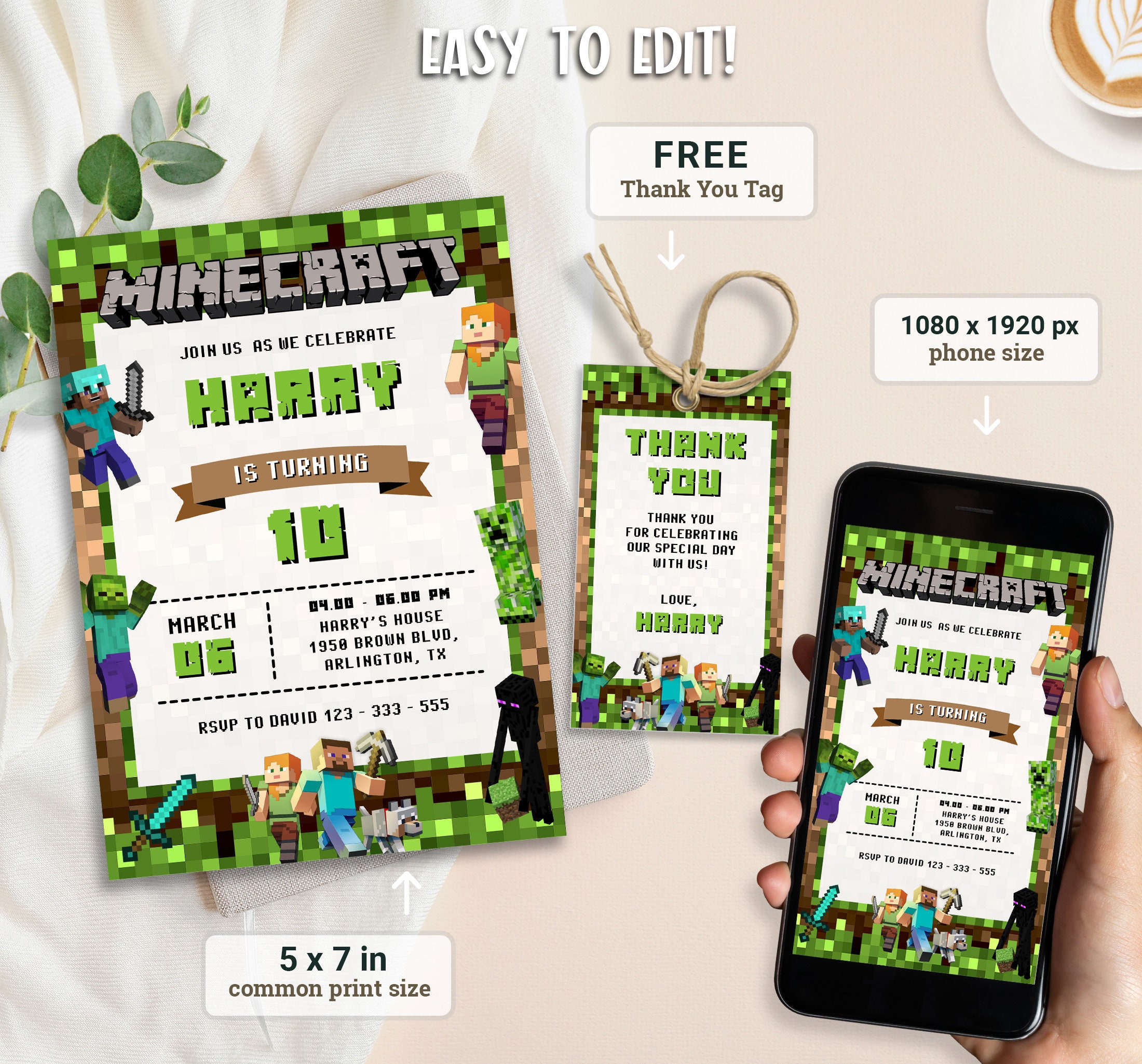Minecraft Birthday Canva Template