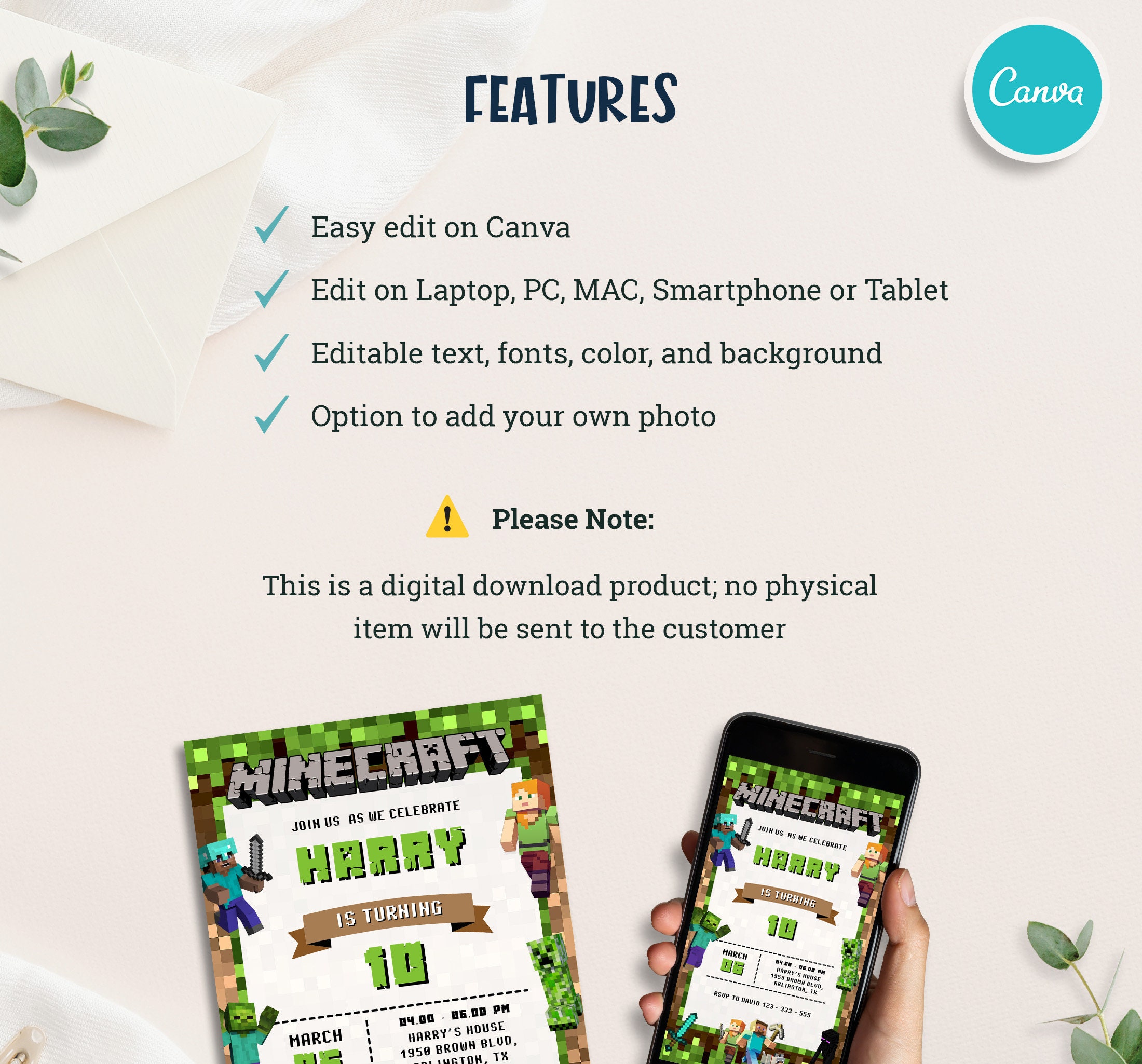 Minecraft Birthday Canva Template