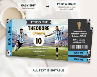 May include: A blue and white soccer ticket invitation for a birthday party. The invitation features a soccer field with two soccer players, a soccer ball, and the text "Let's Kick It Up Theodore is turning 10". The invitation also includes the date and time of the party, the address, and RSVP information.