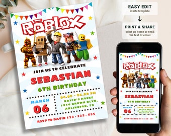 Roblox Invitation, Roblox Invite, Game Party, Roblox Boy Birthday Invitation Template, Game Birthday, Kids Roblox, Editable Template, Canva