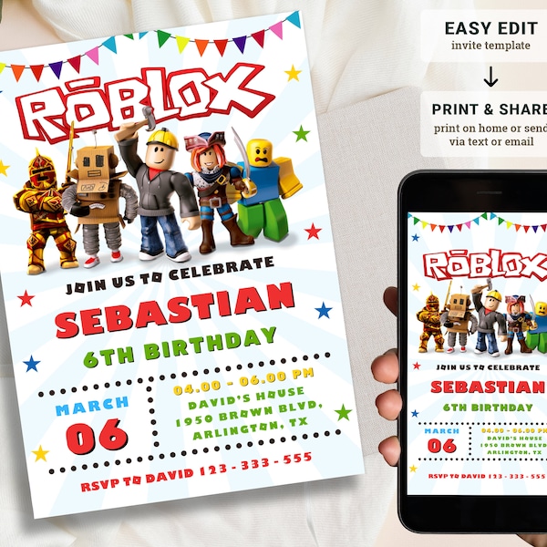 Roblox Invitation, Roblox Invite, Game Party, Roblox Boy Birthday Invitation Template, Game Birthday, Kids Roblox, Editable Template, Canva