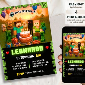 Convite de aniversário do Minecraft editável, modelo Canva, convite para jogos, cartão de festa Mine Crafter, download digital para meninos e meninas