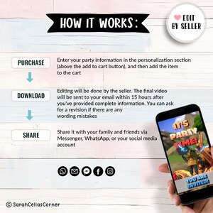 May include: A graphic showing how to purchase, download, and share a personalized video invitation. The invitation features a cartoon character in a video game setting with the text "It's Party Time!" and "You Are Invited!"