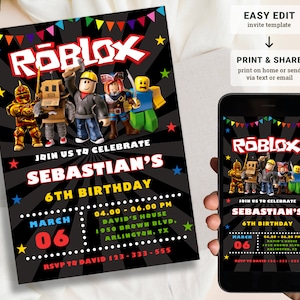 Roblox uitnodiging, Roblox uitnodigen, Game Party, Roblox Boy verjaardagsuitnodiging sjabloon, spel verjaardag, Kids Roblox, bewerkbare sjabloon, Canva afbeelding 1