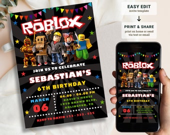 Roblox Invitation, Roblox Invite, Game Party, Roblox Boy Birthday Invitation Template, Game Birthday, Kids Roblox, Editable Template, Canva