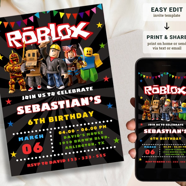 Roblox Invitation, Roblox Invite, Game Party, Roblox Boy Birthday Invitation Template, Game Birthday, Kids Roblox, Editable Template, Canva