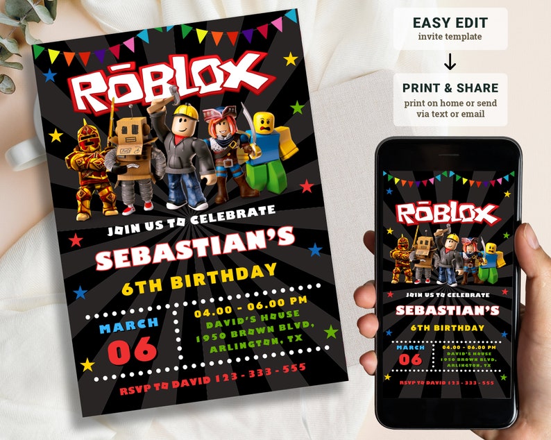 Roblox uitnodiging, Roblox uitnodigen, Game Party, Roblox Boy verjaardagsuitnodiging sjabloon, spel verjaardag, Kids Roblox, bewerkbare sjabloon, Canva afbeelding 1