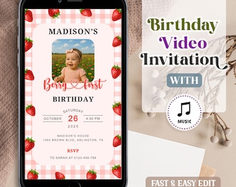 Berry First Birthday Video Invitation Template - Editable Canva Invite (Digital Download)