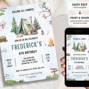 Modèle d'invitation d'anniversaire de camping, invitation d'anniversaire de camping, invitation de fête de camping, invitations d'anniversaire de nuit, anniversaire d'adulte de tout âge