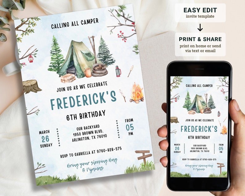 Camping Birthday Invitation Template Editable Camp Party Invite 