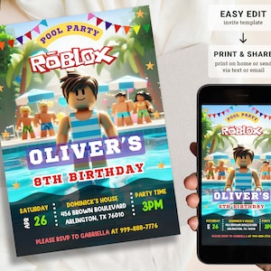 May include: A blue and green invitation for an 8th birthday pool party featuring a Roblox character. The invitation includes the date, time, location, and RSVP information. The text on the invitation reads "Pool Party Roblox Oliver's 8th Birthday Saturday Apr 26 Dominick's House 456 Brown Boulevard Arlington, TX 76010 Party Time 3PM Please RSVP to Gabriella at 999-888-7776"