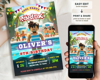 Editable Roblox Pool Party Birthday Invitation Template (Digital Download)