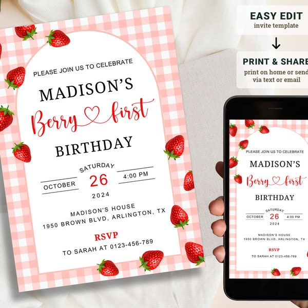 Editable Pink Gingham Berry First Birthday Invitation, Berry First Birthday Digital Invitation Birthday, Strawberry First Birthday Invite