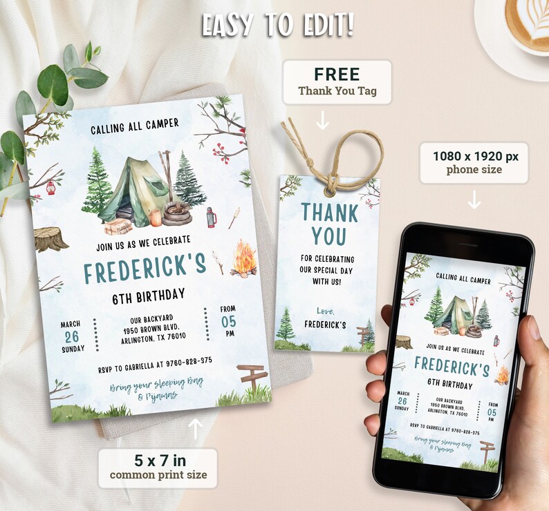 Camping Birthday Invitation Template Editable Camp Party Invite 