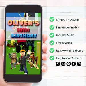 May include: A digital invitation for a 10th birthday party featuring a Roblox theme. The invitation includes a green background with Roblox characters and the text "Oliver's 10th Birthday".
